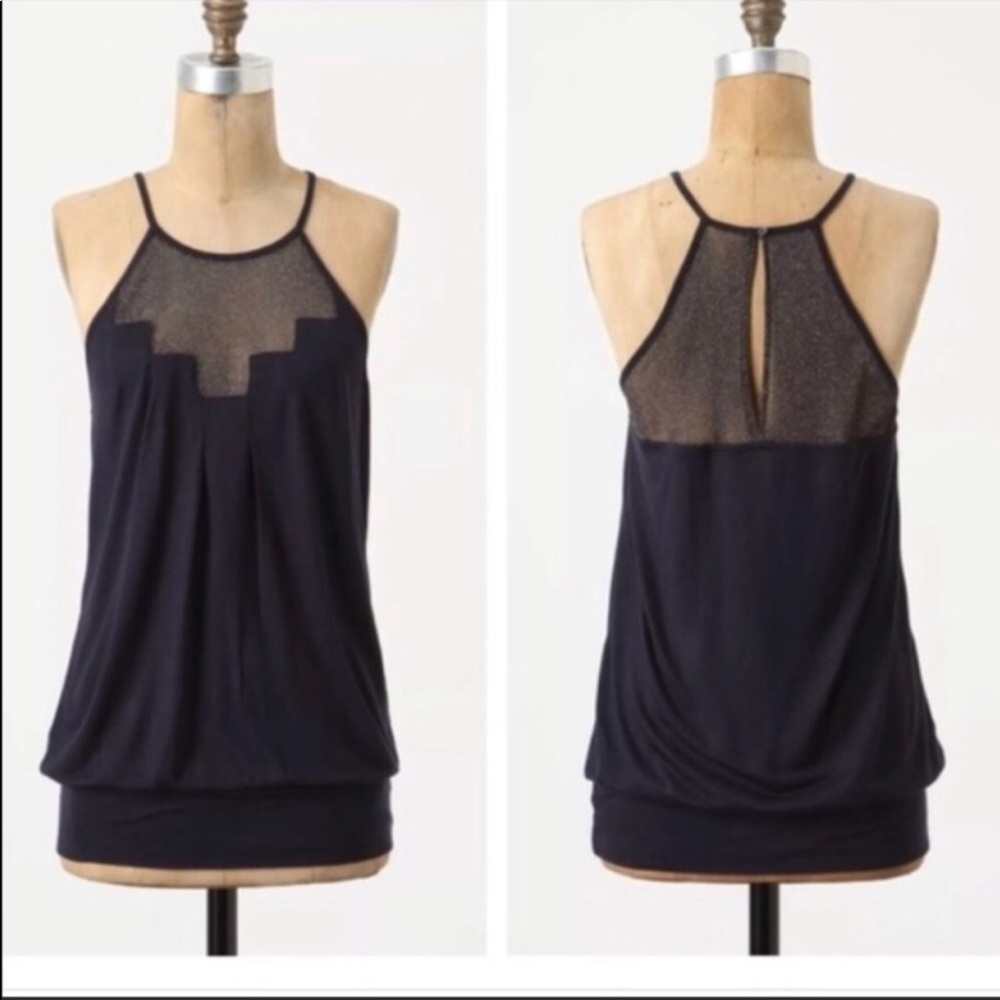 Anthropologie Deletta Navy Tank with Gold Mesh